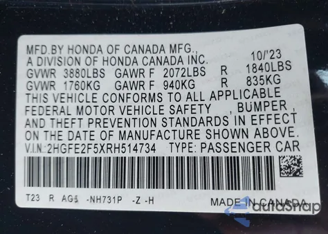 2024 Honda Civic Sport z USA, uszkodzony, nr VIN 2HGFE2F5XRH514734